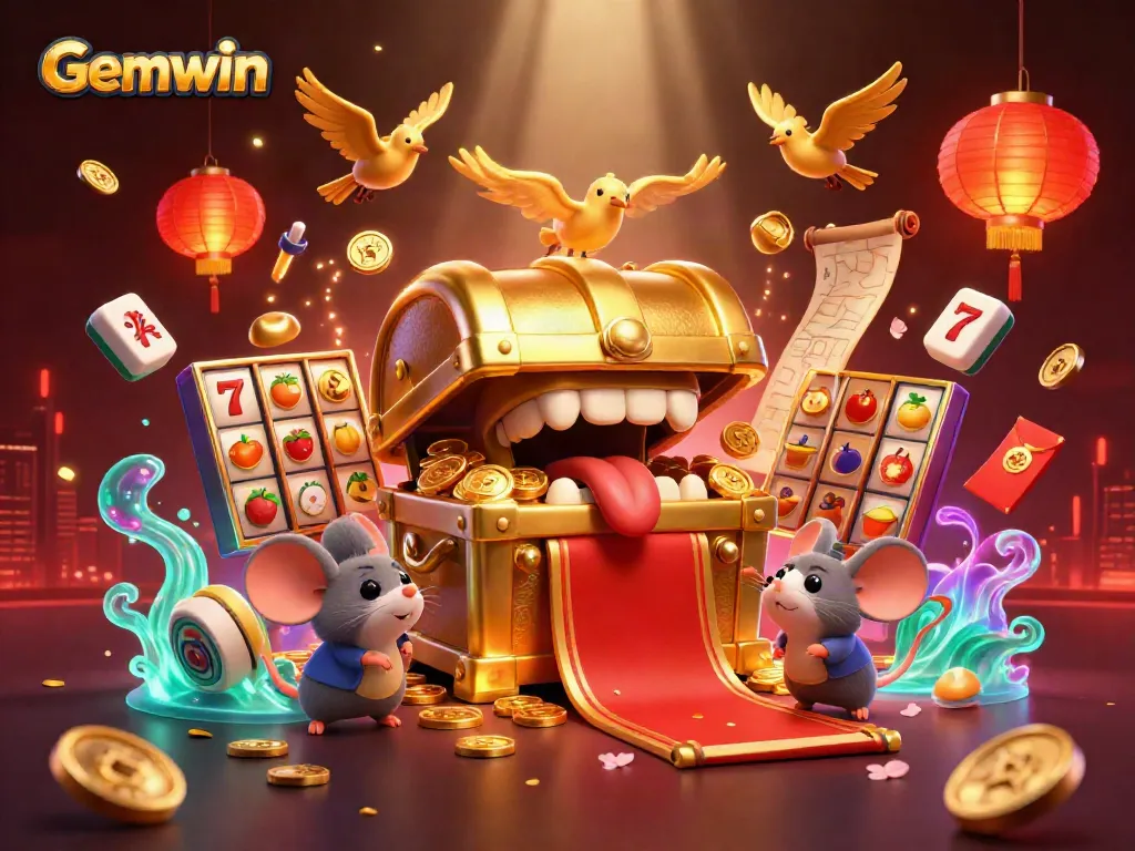 Gemwin offers a vibrant 3D casino scene with treasure chests, slots, and festive elements, engaging players in excitement.