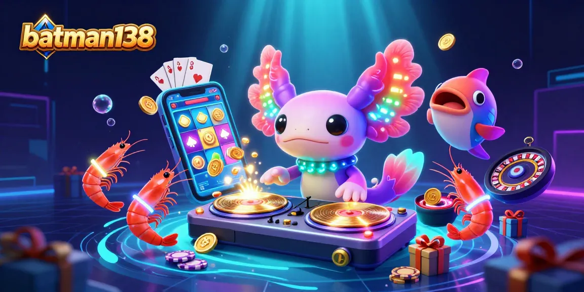 Experience excitement with batman138 as the neon axolotl DJ spins a dynamic casino scene filled with vibrant game elements.
