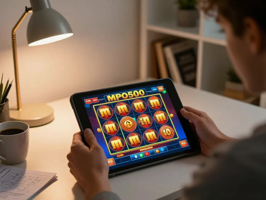 Engaging with mpo500 online slot game on tablet in a cozy home office.