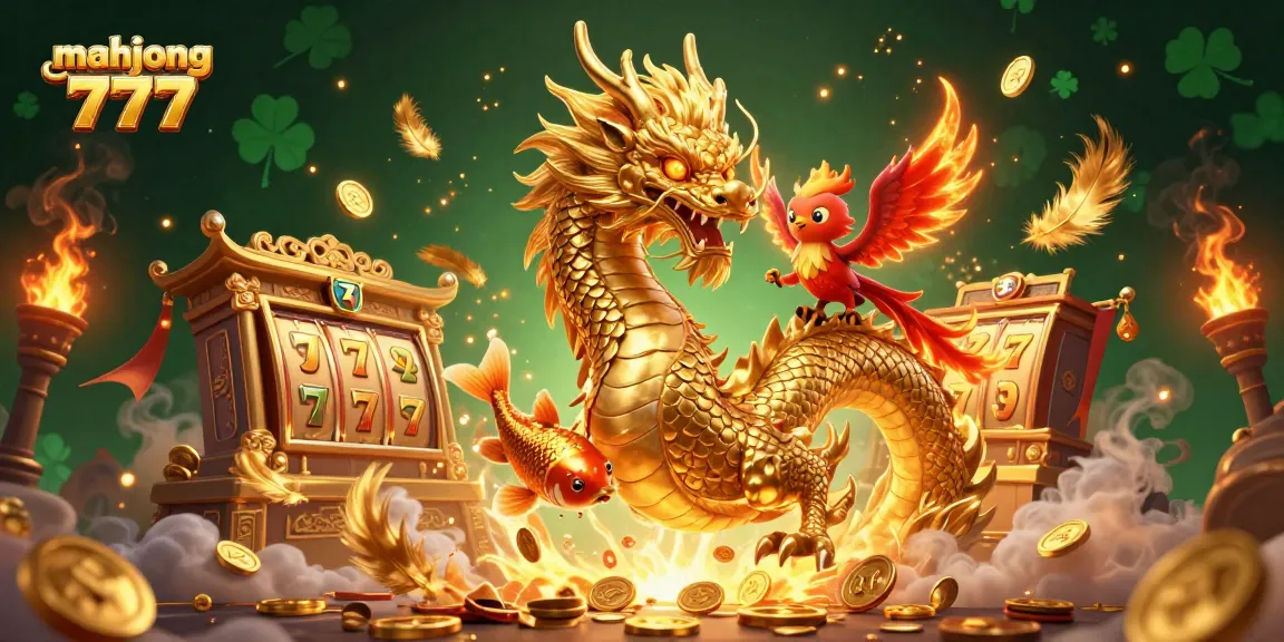 Experience the excitement of mahjong 777 with golden coins, dragons, and slot symbols in this vibrant casino scene.