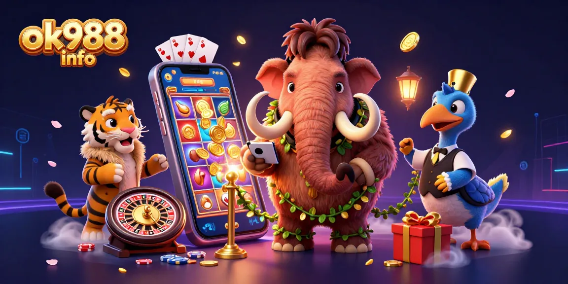 Experience the thrill with ok988 info as the woolly mammoth checks IDs, surrounded by vibrant casino elements.
