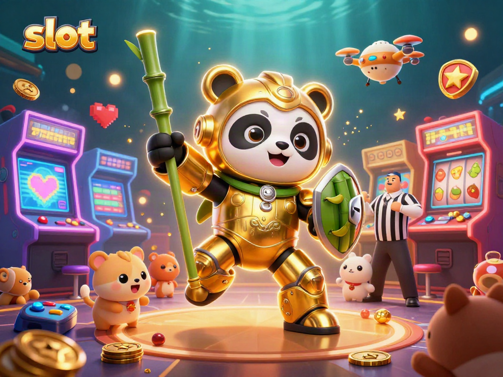 Engage with slot reels and fruit symbols in an energetic, vibrant 3D casino scene.