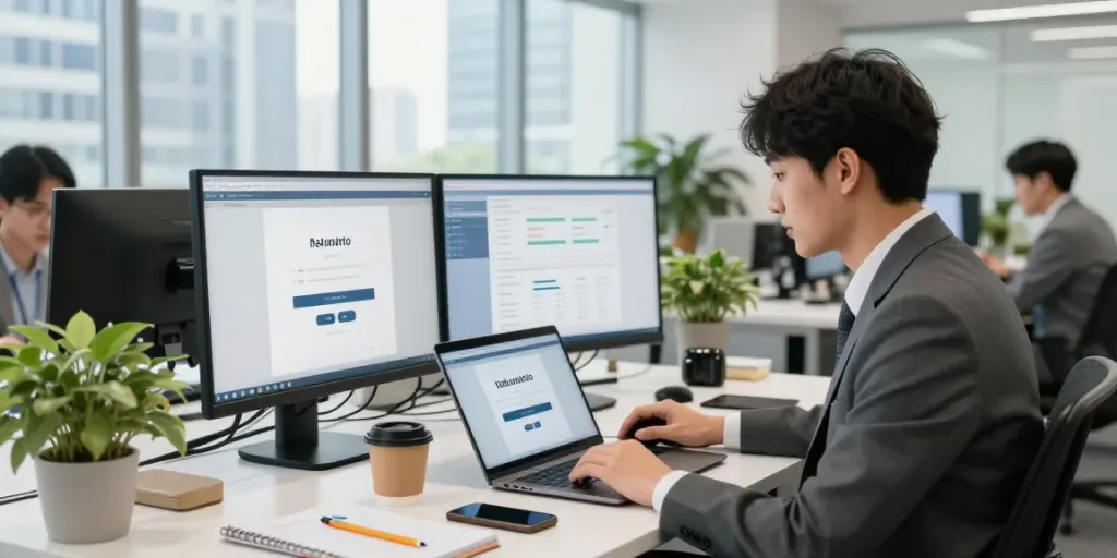 Proses login natunatoto di kantor modern dengan profesional muda.