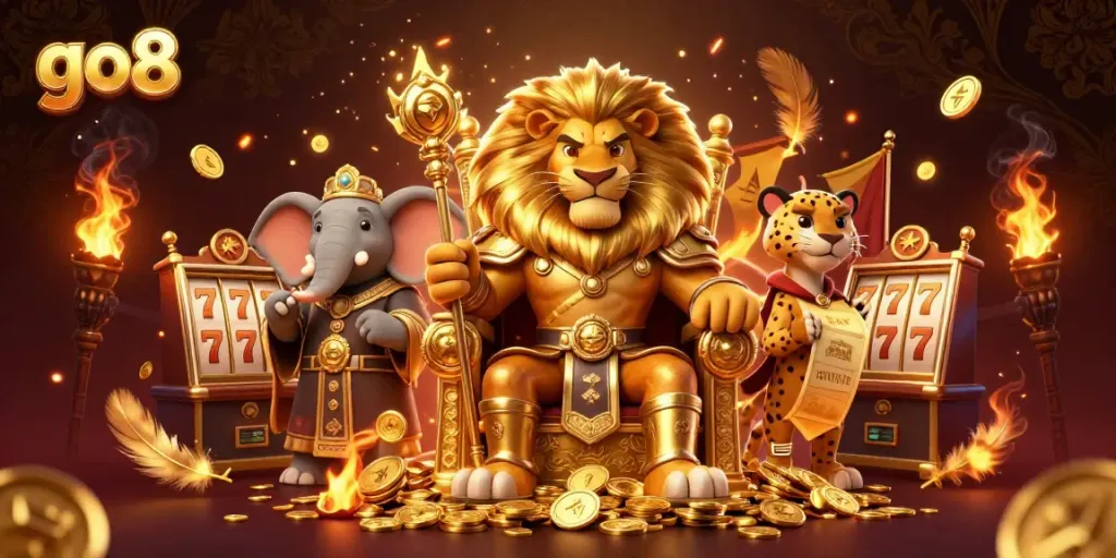 Experience the excitement of go8 with a vibrant, dynamic casino scene featuring a lion king and thrilling gaming elements.