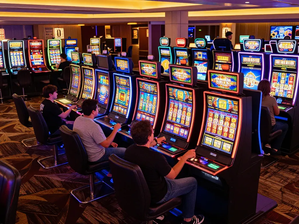 Players celebrating big wins while engaging with slot online machines in a vibrant casino.
