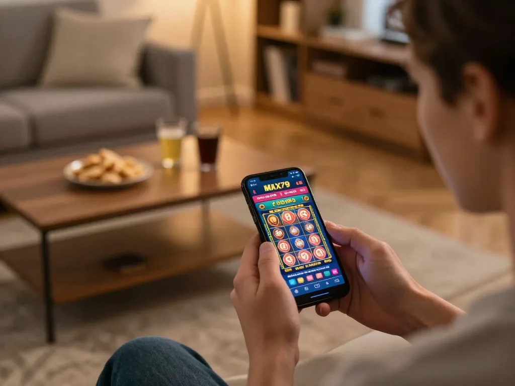 Players engaging with the MAX79 casino app on their smartphone, enjoying a thrilling online gaming experience.