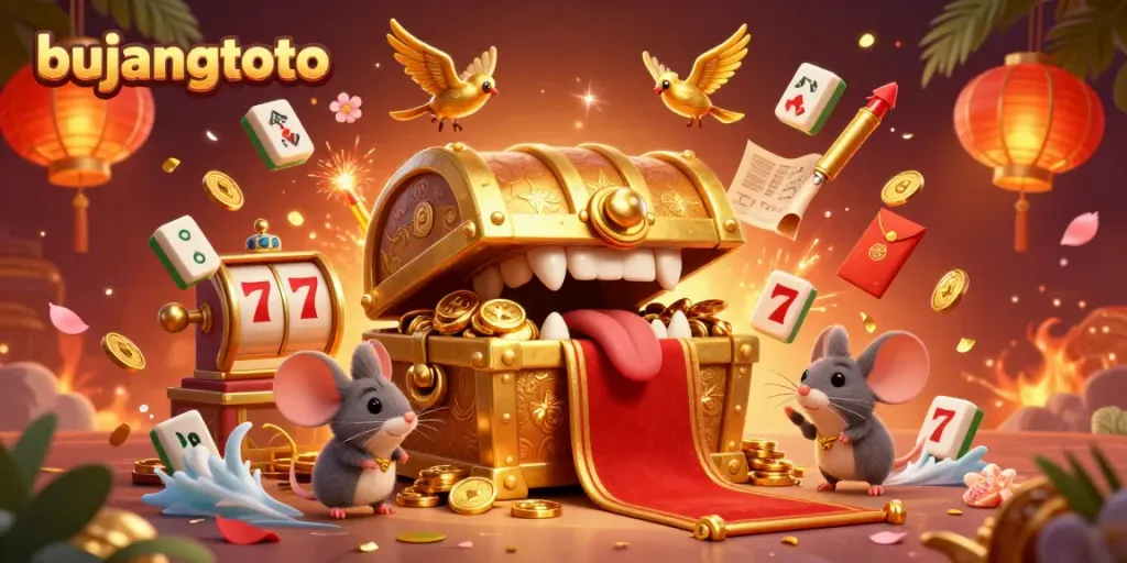 Engage in casino thrills with bujangtoto featuring a treasure chest, lucky symbols, and festival decorations.