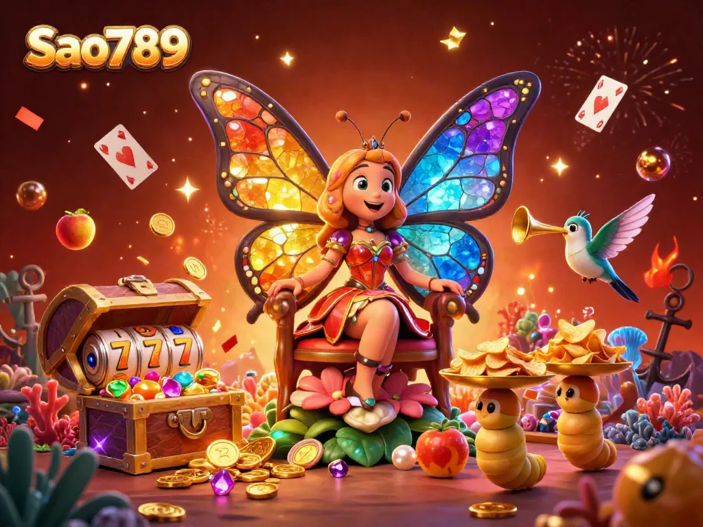 Sao789 presents a vibrant illustration featuring a butterfly queen and dynamic casino elements, proving luck and fun are just a game away.