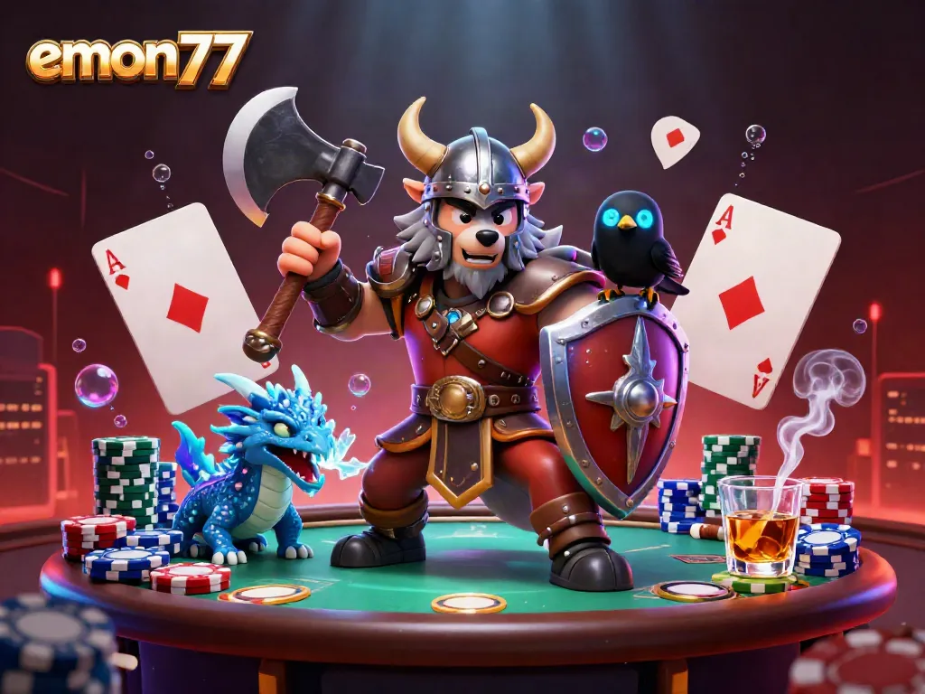Experience the exciting gaming adventure of emon77 with a Viking warrior and dragon in a vibrant casino scene.