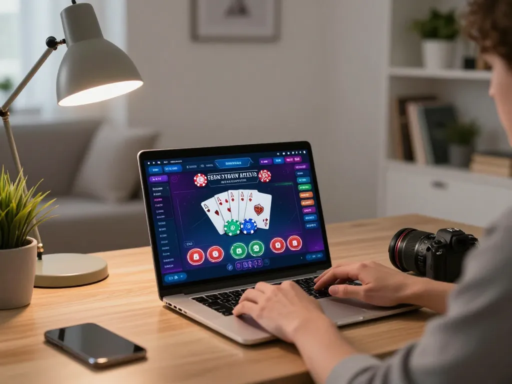 Engage in online casino play with daftar on a laptop during strategic gaming session at home