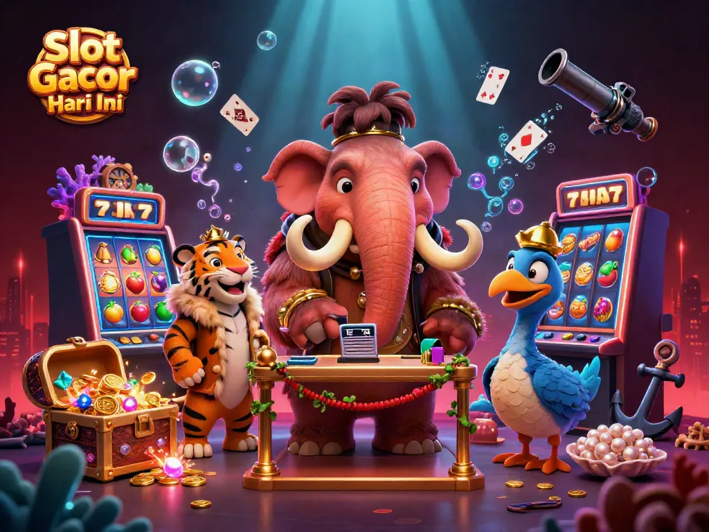 Engage with Slot Gacor Hari Ini featuring vibrant cartoon characters and slot machine elements in a dynamic casino scene.
