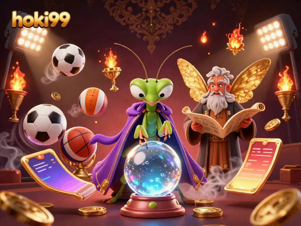 Permainan hoki99: ilustrasi 3D menampilkan karakter ramalan dengan elemen taruhan olahraga.