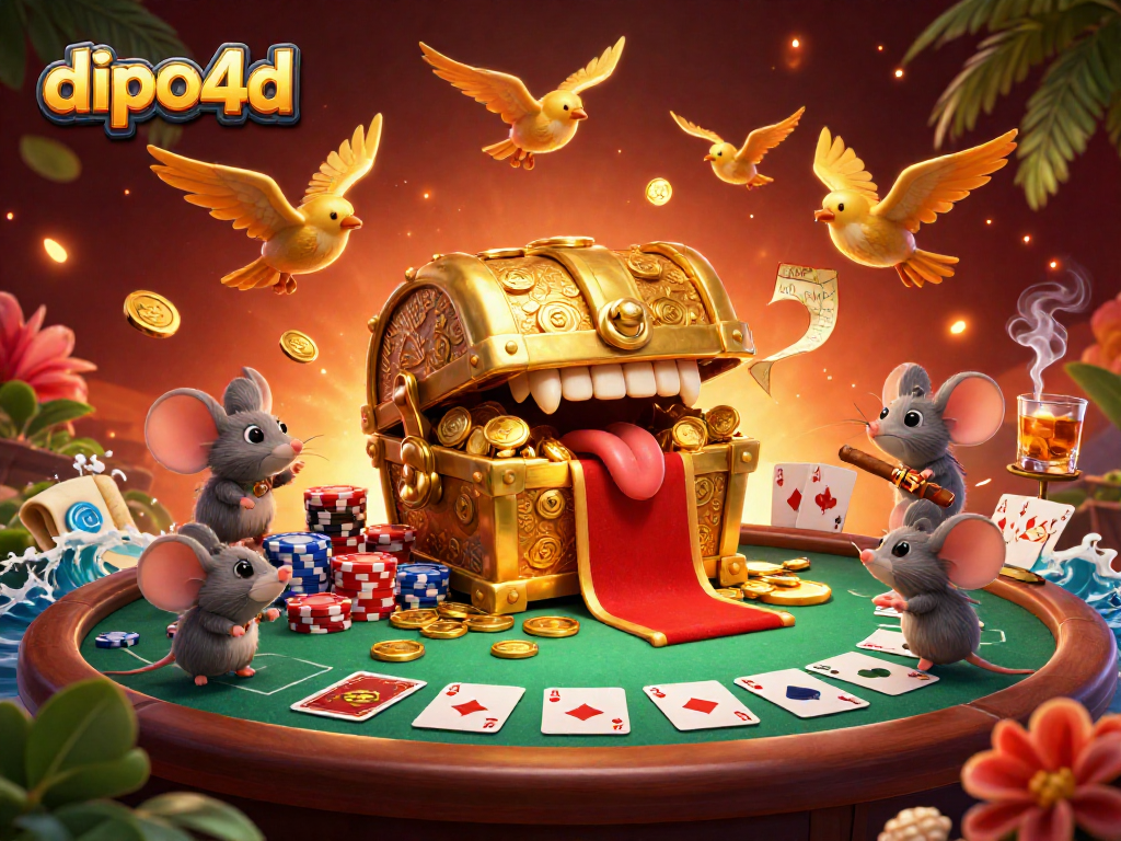Bet on dipo4d with the vibrant treasure chest and poker scene promoting digital gaming excitement.
