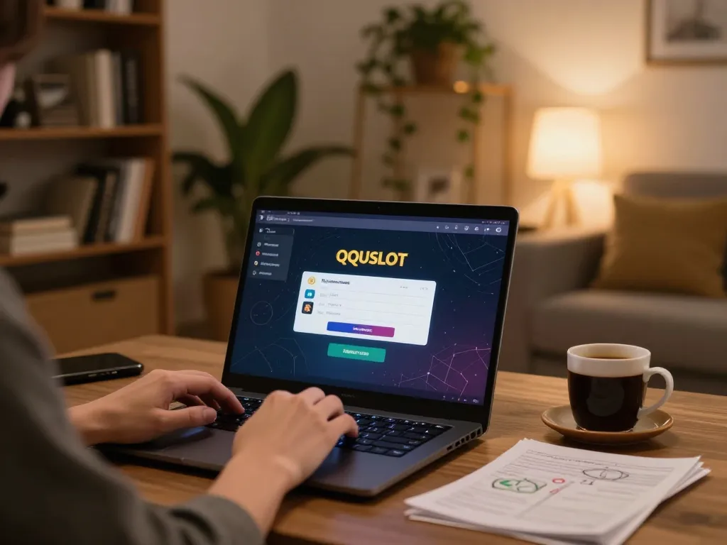 Engaging in QQSLOT login on a laptop in a cozy home setting with strategy notes and coffee present