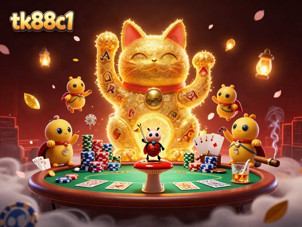 Experience the excitement of tk88c1 with a vibrant scene of a lucky cat amidst casino symbols and poker elements.