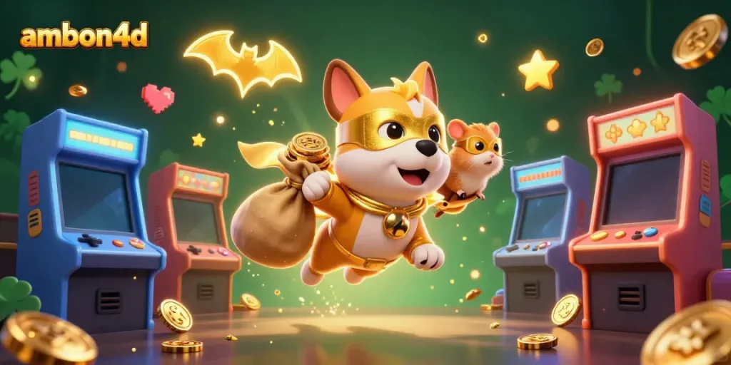 Engage in thrilling gameplay at ambon4d with a colorful superhero dog surrounded by casino-themed elements.