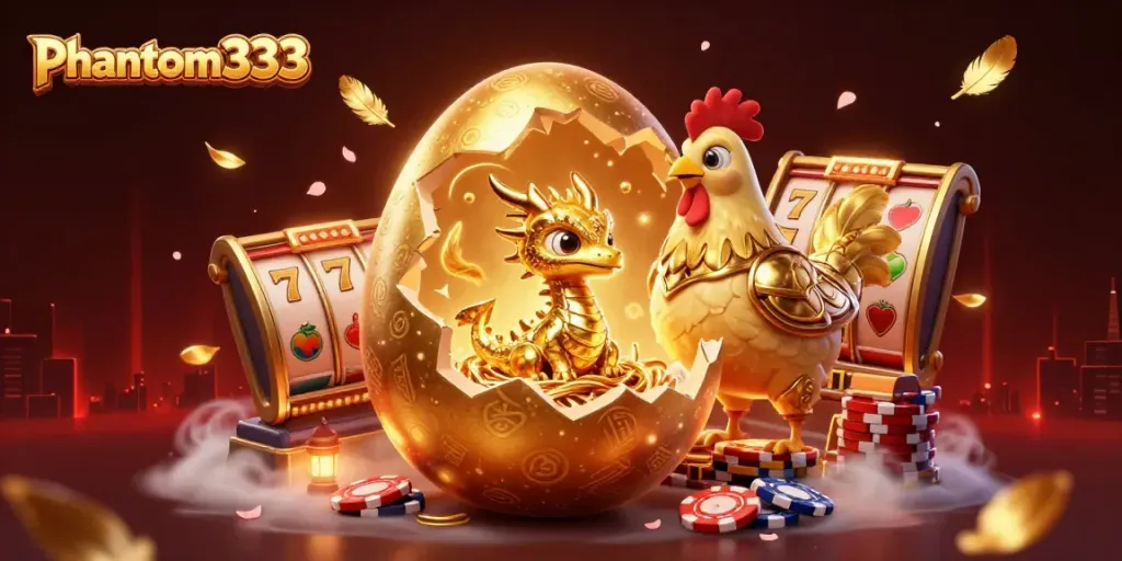 Experience thrilling wins at phantom333 with a golden dragon amidst slot machine magic.