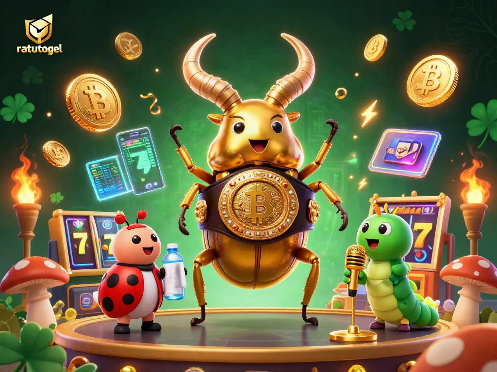 Engage with ratutogel through an exciting 3D casino scene featuring vibrant characters and crypto elements.