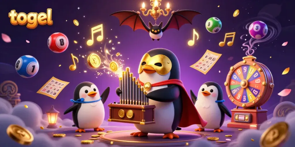 Menggambarkan permainan togel dengan penguin opera kartun dan elemen kasino yang dinamis.