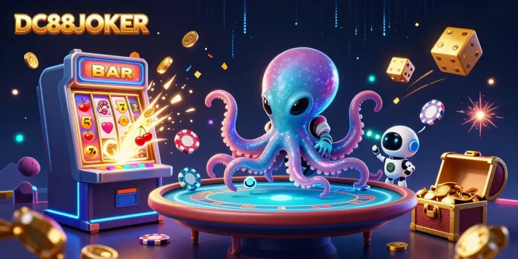 Witness the excitement of DC88JOKER as a captivating 3D cartoon scene unfolds with alien characters and casino-themed elements.