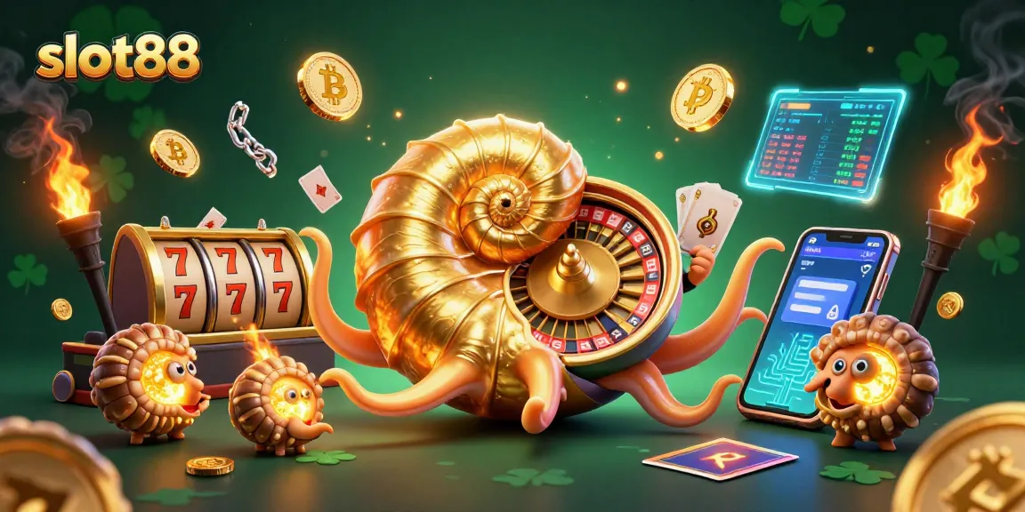 Engage with slot88 as a colorful 3D illustration showcases vibrant games and crypto elements.