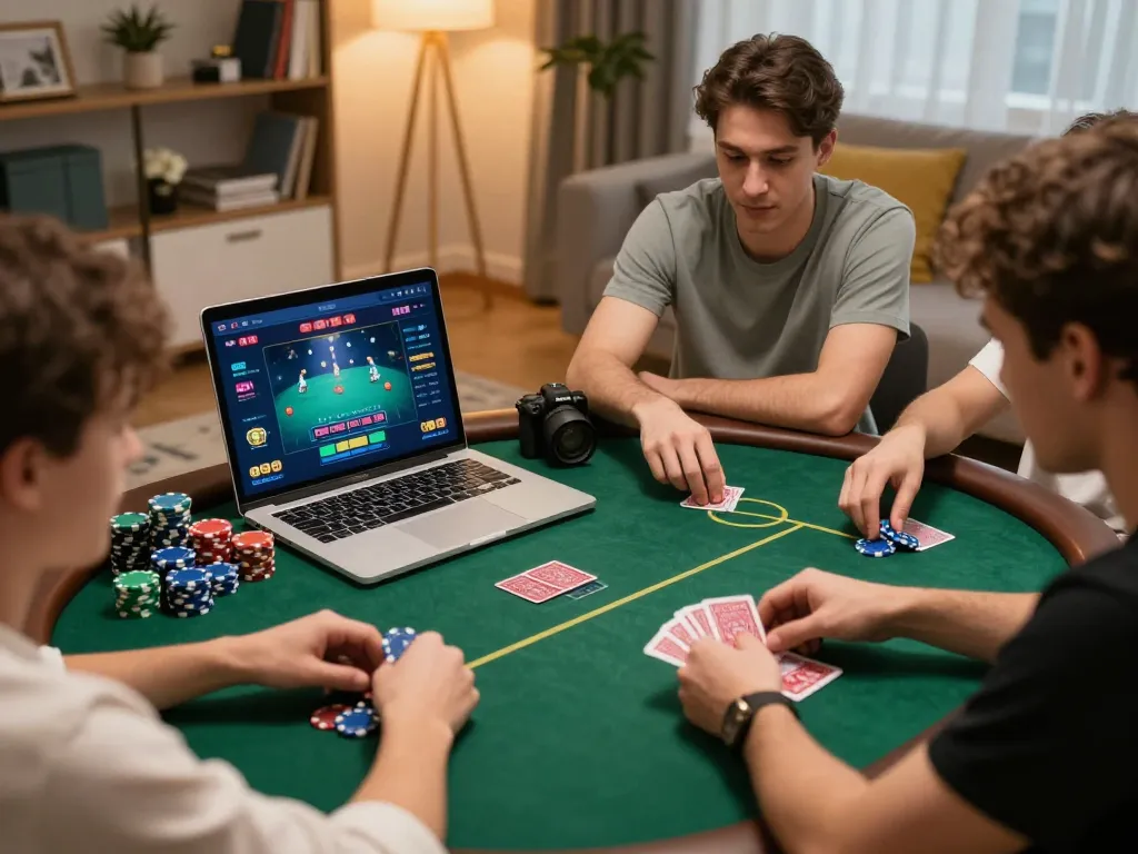 Players engaged in an online poker game on Gawang69 with chips and cards visible in a cozy home setting.