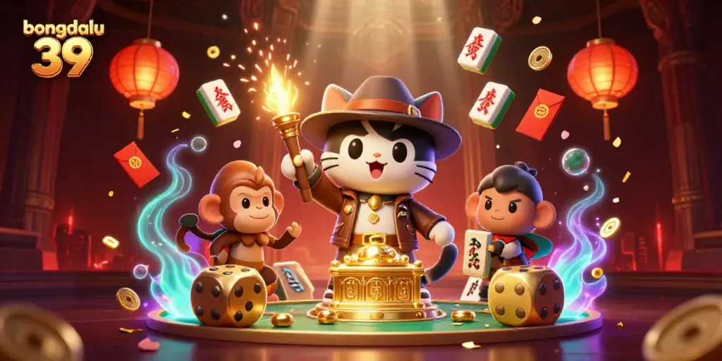 Experience bongdalu 39's vibrant casino adventure with a cat archaeologist discovering treasures.