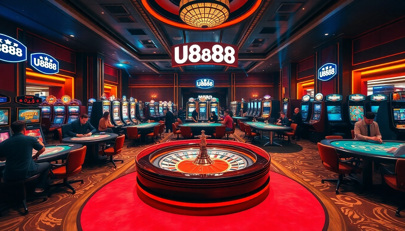 Experience the thrill of gaming at U8888's luxurious casino with vibrant slot machines and roulette tables.
