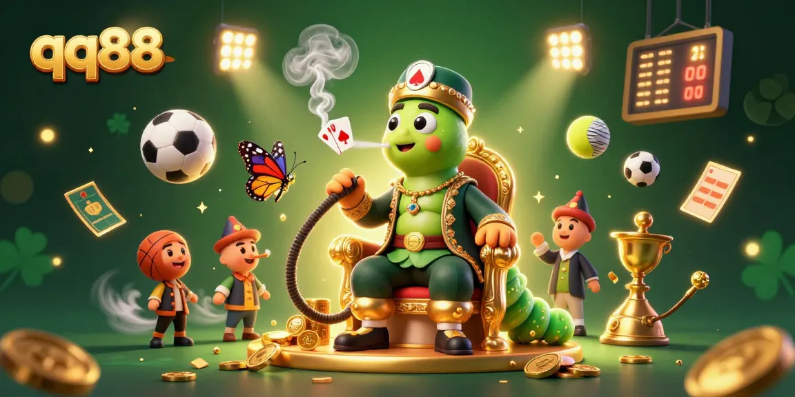 Experience thrilling wins at qq88 with a vibrant illustration of a magical casino realm filled with dynamic sports and gaming elements.