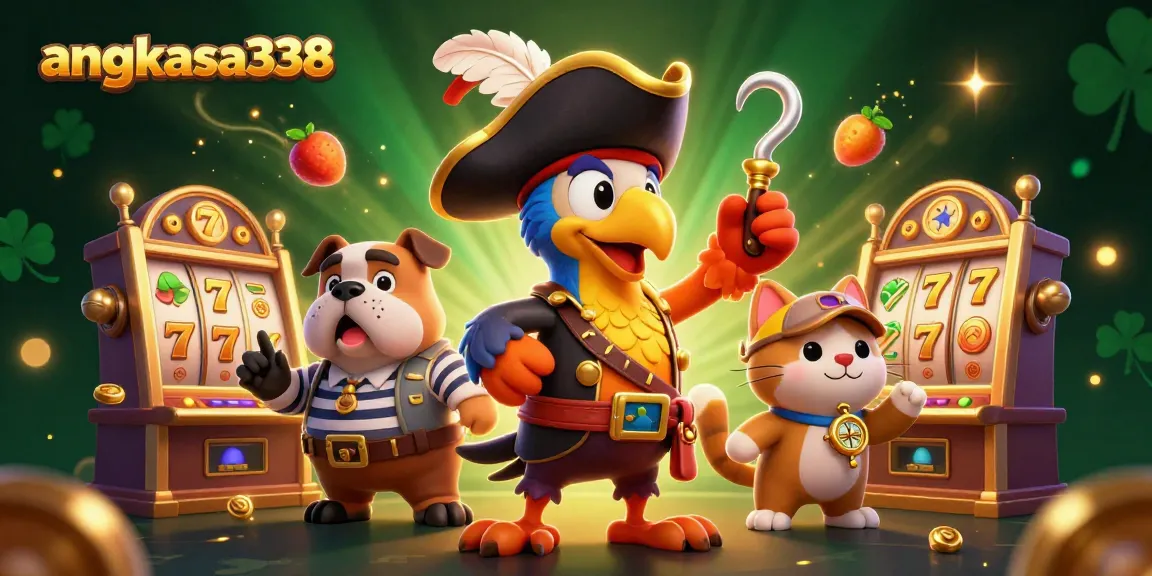 Engage with angkasa338 via a vibrant 3D casino-themed illustration showcasing slots and characters.