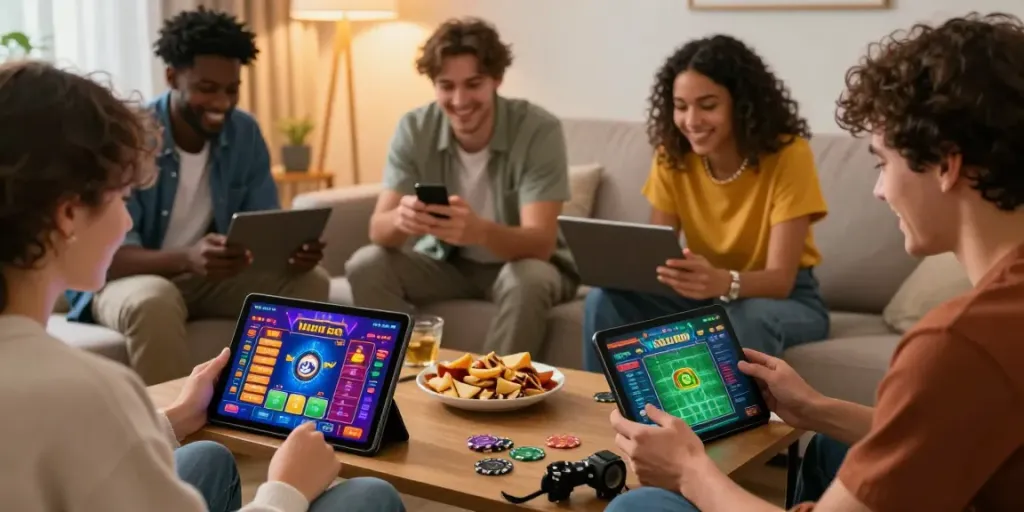 Exciting crypto gaming moment showcasing friends enjoying 2up.io gambling on a tablet in a cozy living room.
