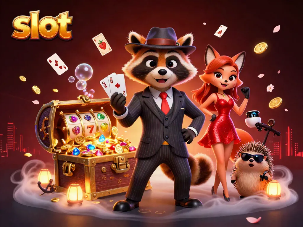 Slot dengan rakun, rubah, dan landak yang menarik perhatian dalam ilustrasi kasino.
