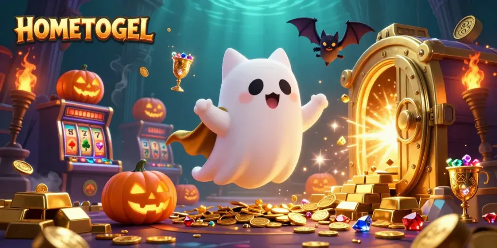 Ghost cat and vampire bat in a haunted casino, showcasing HOMETOGEL's vibrant gaming world.