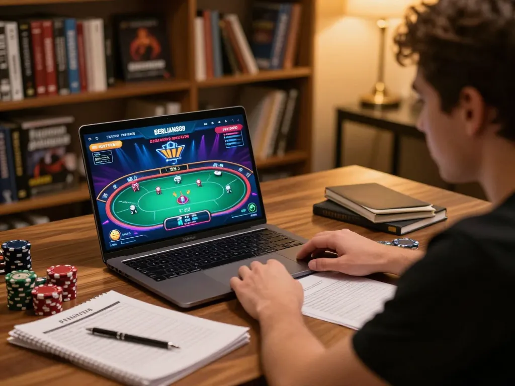 Player strategizing during BERLIAN889 Daftar online poker session, showcasing focused gameplay and cozy atmosphere.