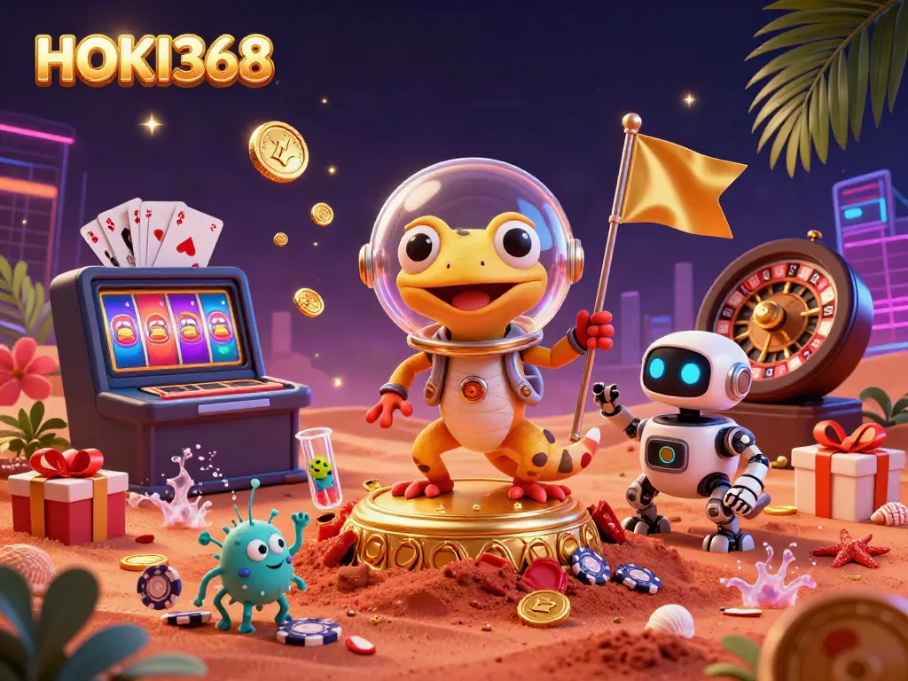 Engage with the exciting universe of HOKI368 featuring a Martian gecko exploring a vibrant casino with slot games and golden rewards.