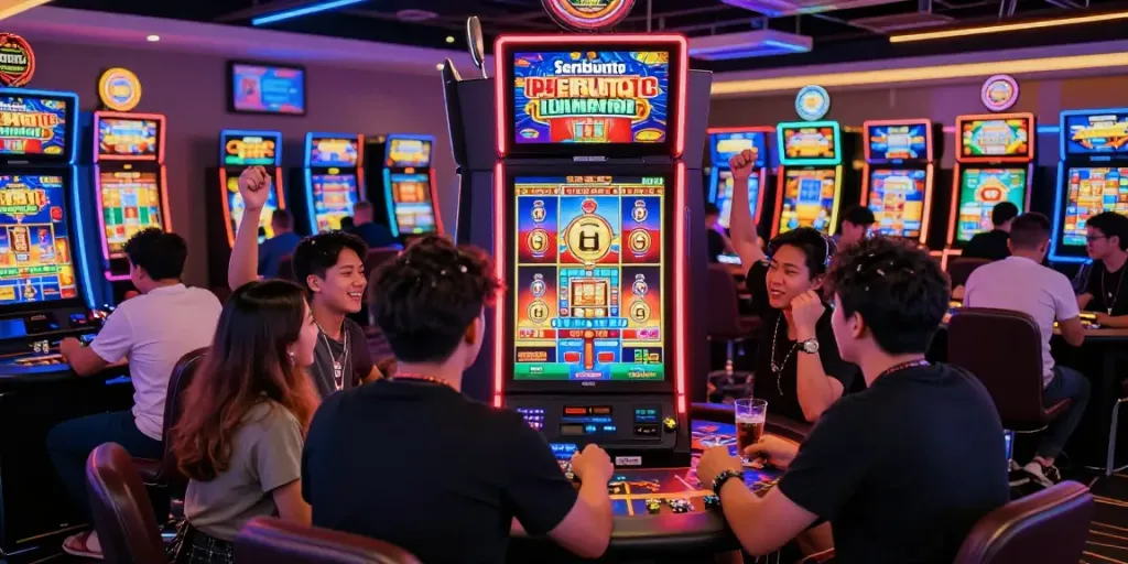 Celebration at Seributoto's vibrant online gaming environment with players enjoying slot machines and a lively atmosphere.