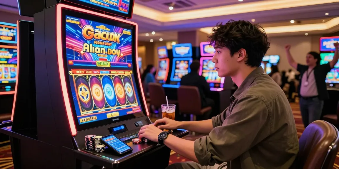 Engaged player enjoying a slot gacor game in a modern casino, vibrant atmosphere.