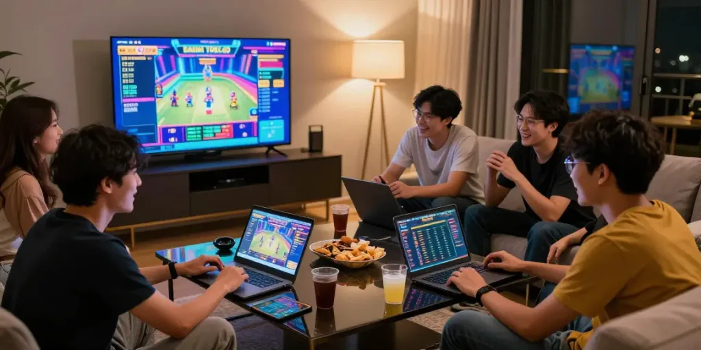 Friends enjoying an exciting Bandar Togel 4D gaming session together in a cozy environment.