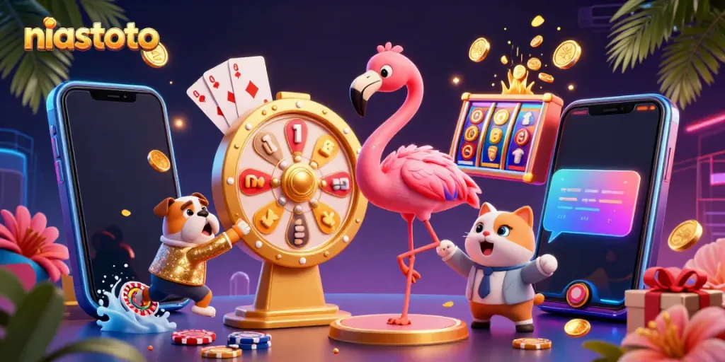 Engage with niastoto's exciting prize wheel highlighting vibrant casino elements and animated characters.