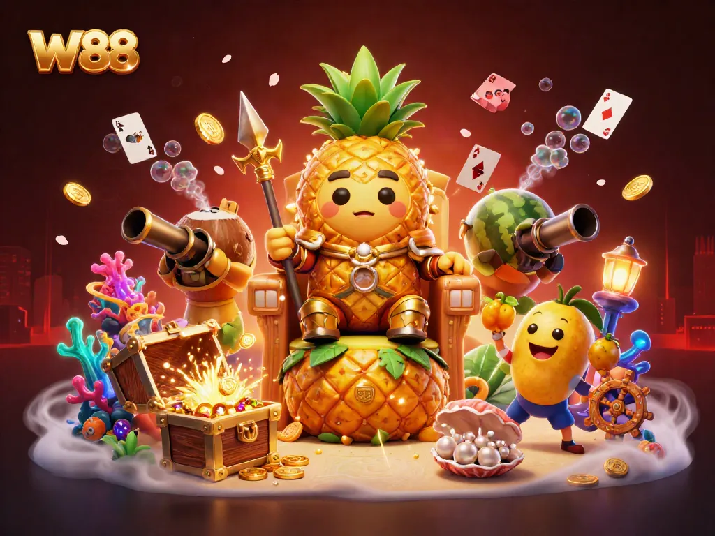 Experience the thrill of W88 with vibrant characters and dynamic gambling elements in this 3D artwork.