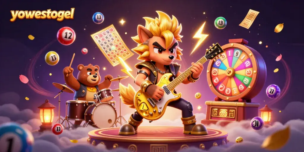 Experience yowestogel excitement with a vibrant 3D scene of a rock star wolf, lottery elements, and dynamic casino atmosphere.