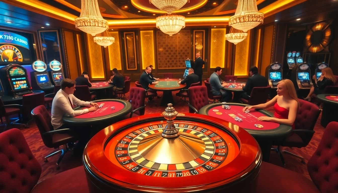 Gambling at 789f with a luxurious casino atmosphere featuring roulette, poker tables, and vibrant slot machines.