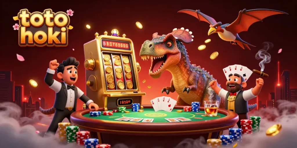 Ilustrasi kasino 3D yang menampilkan toto hoki dengan dinosaurus dan mesin slot.