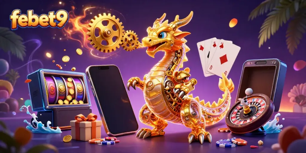 Experience thrilling adventures with febet9 in this captivating 3D casino illustration featuring a golden dragon and vibrant game elements.