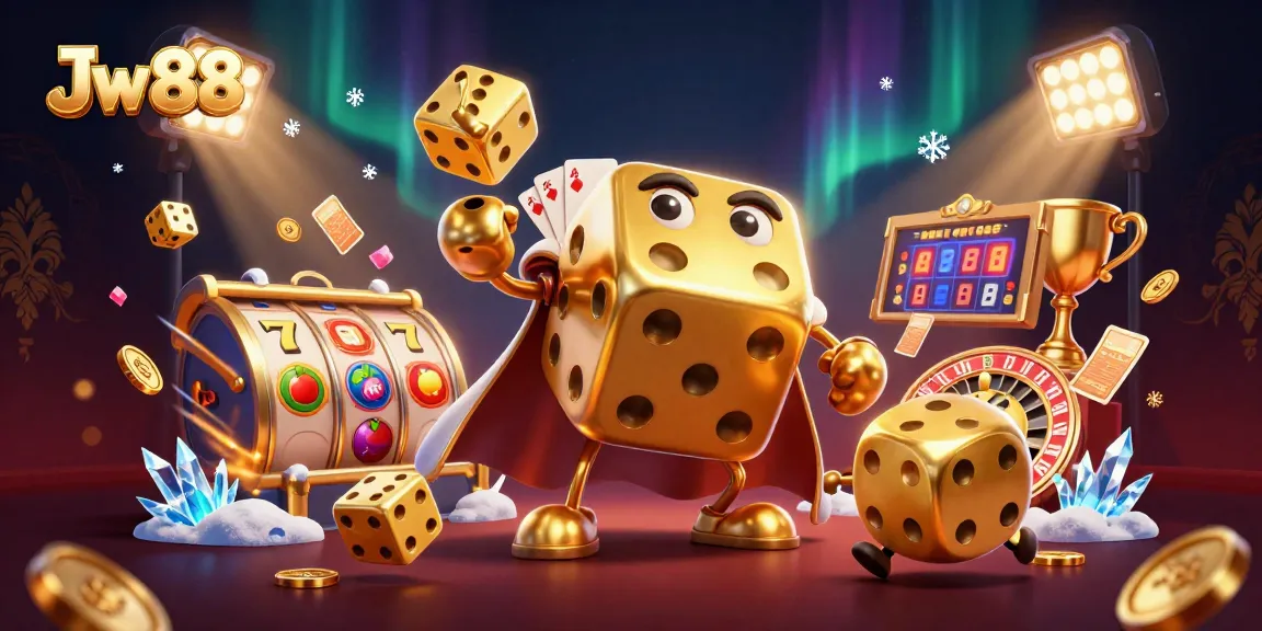 Experience thrill with Jw 88 as massive golden dice and slot reels collide in a vibrant casino scene.