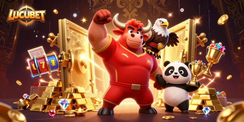 Experience the thrill of LUCUBET with vibrant characters celebrating in a richly detailed casino-themed illustration.