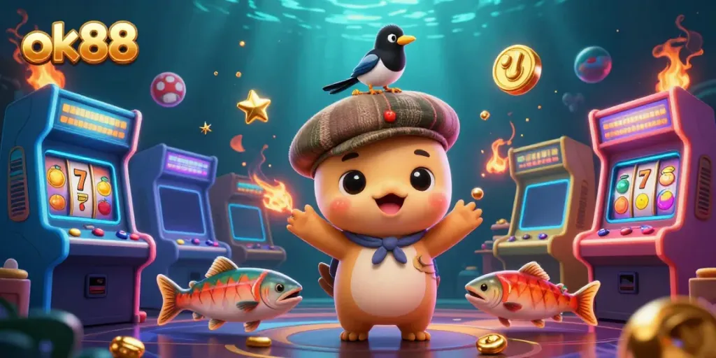 Spin & win at ok88 with playful characters and colorful casino game elements in a vibrant scene.
