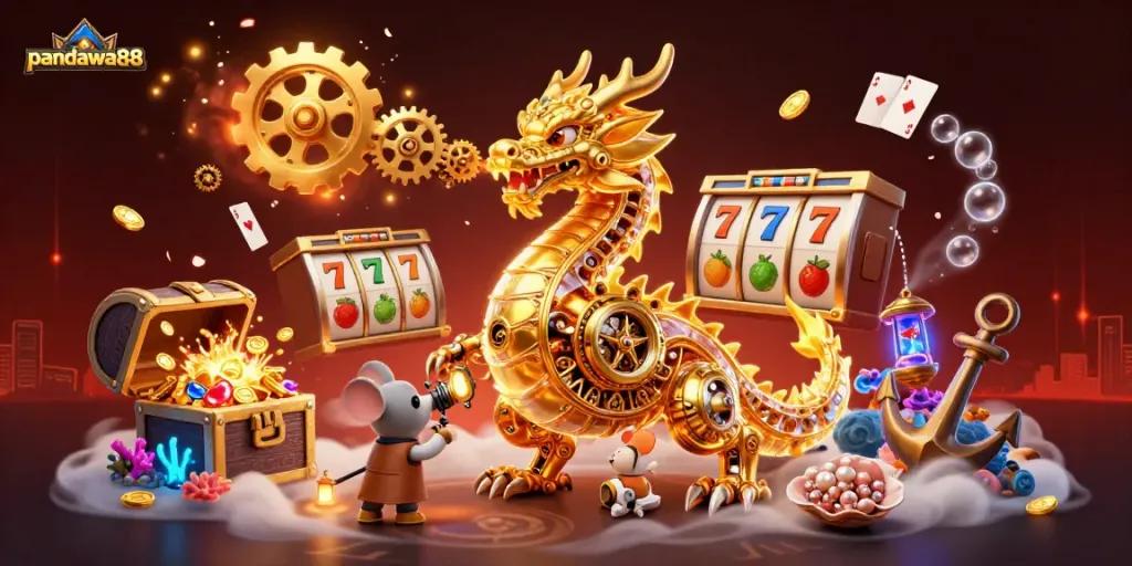 Pandawa88 mendorong keberuntungan dengan simbol slot emas dan harta karun dalam ilustrasi kasino yang menarik.