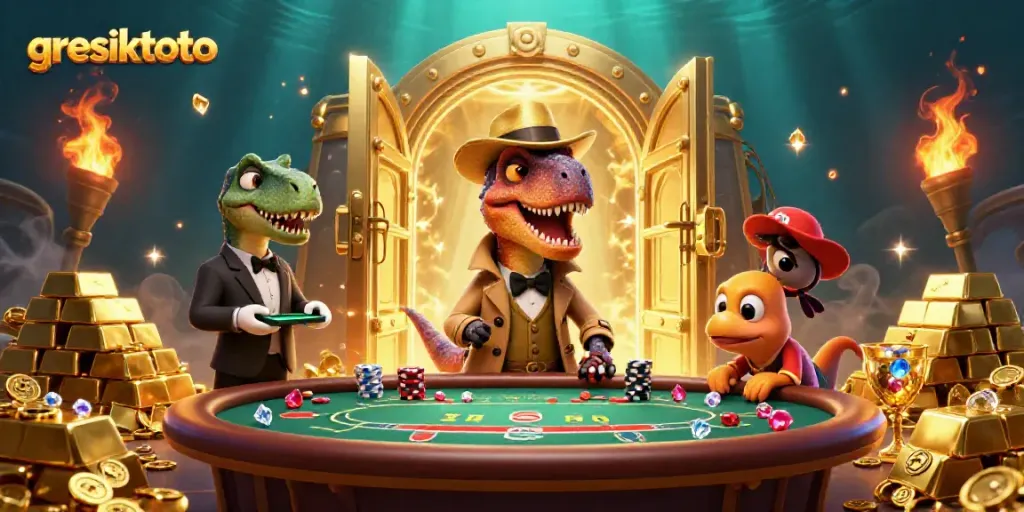 Gresiktoto menampilkan ilustrasi kartun 3D yang mendebarkan dari velociraptor bermain blackjack di kasino.