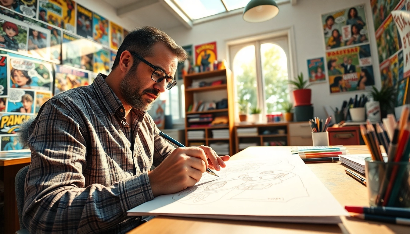 Gambar kiryuu menggambarkan seorang seniman komik yang sedang berkarya di studionya.